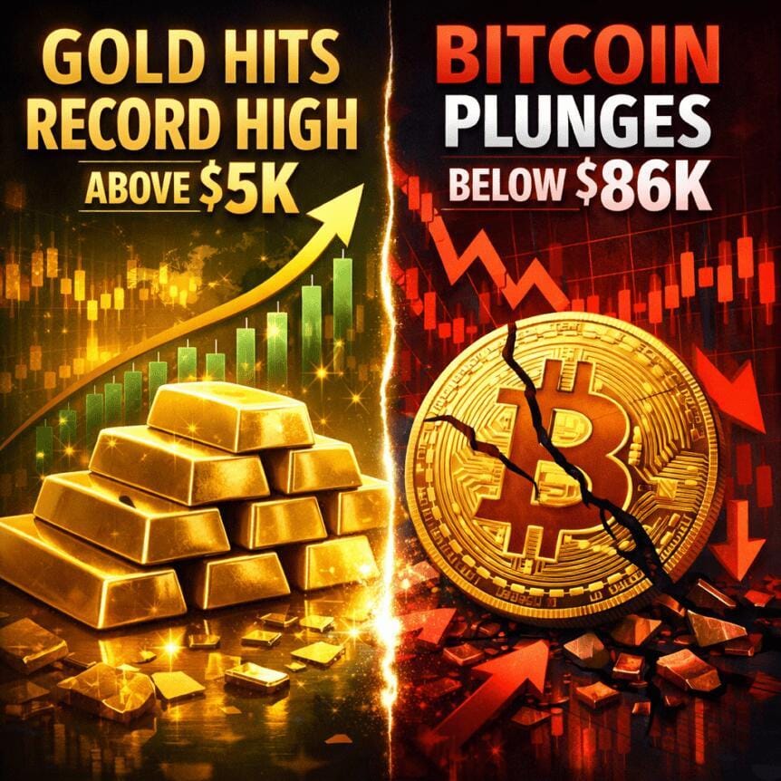 Gold Reaches Record High Above $5K As Bitcoin Falls Under $86K