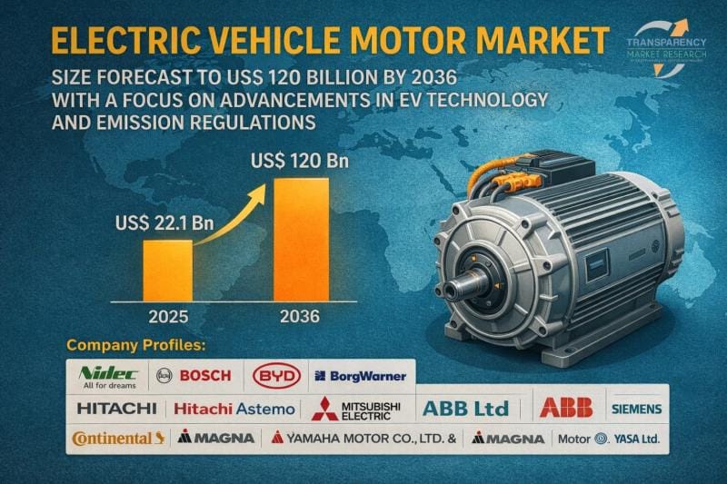 **Global Electric Vehicle Motor Market Expected to Reach $120 Billion by 2036**