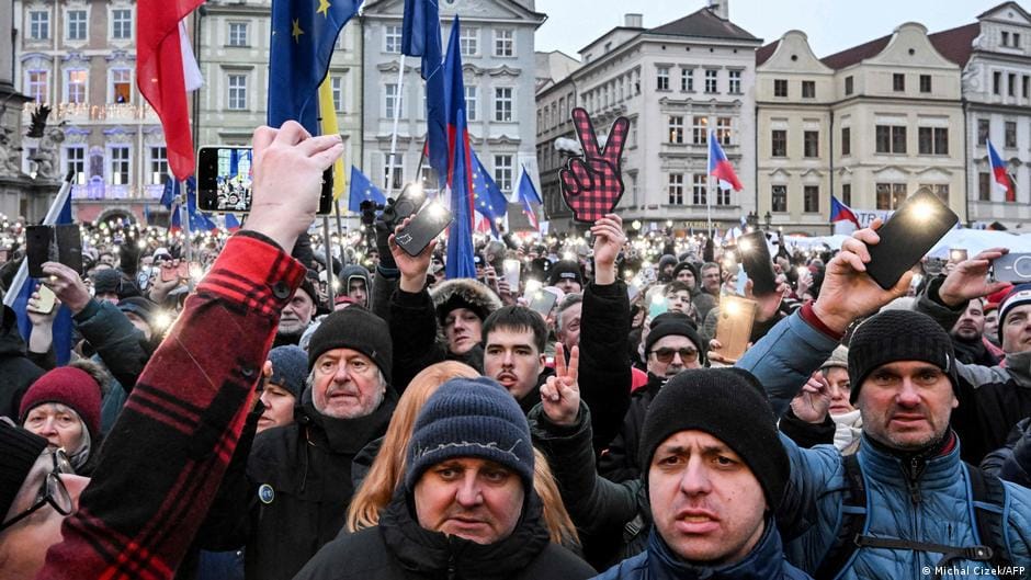 **Headline:** Thousands Rally in Prague Supporting Czech President Amid Government Dispute