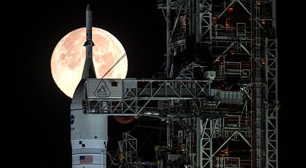 Artemis II Space Launch System rocket during wet dress rehearsal at Kennedy Space Center