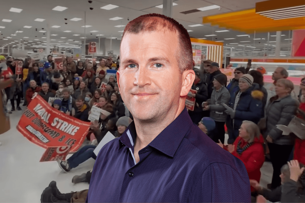 **Headline:** Protesters Confront Target CEO Michael Fiddelke at Minneapolis Headquarters on First Day