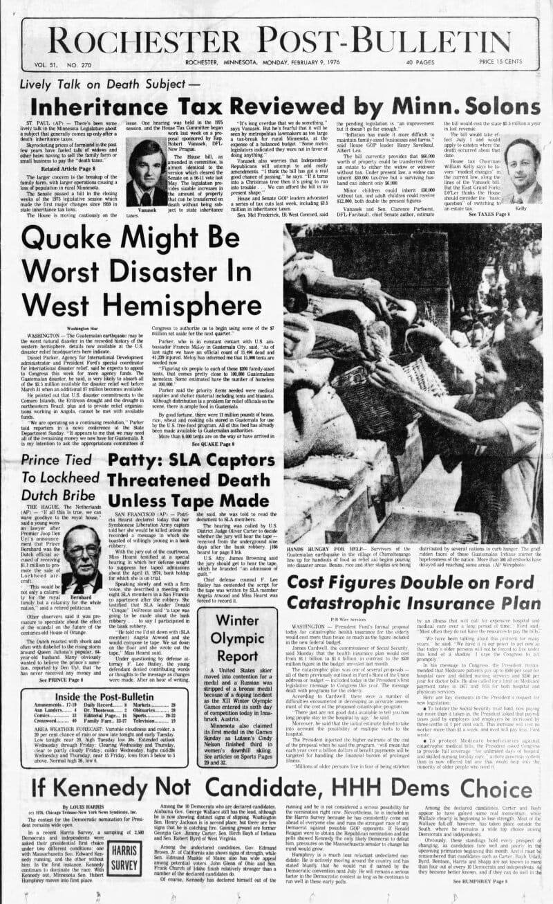 **Headline:** Key Events from February 9, 1976, Reported in Rochester Post Bulletin
