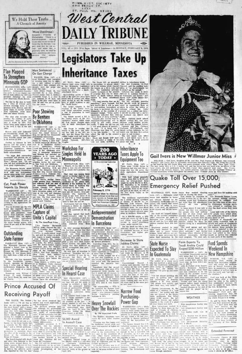 **Headline:** Key Events Reported in West Central Tribune on February 9, 1976